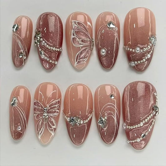 Almond Press on Nails Medium Fake Nails Sparkly Glue on Nails Full Cover Gem False Nails with Butterfly Rhinestones Design Pink Glossy Acrylic Nail for Women Manicure Supplies 24Pcs