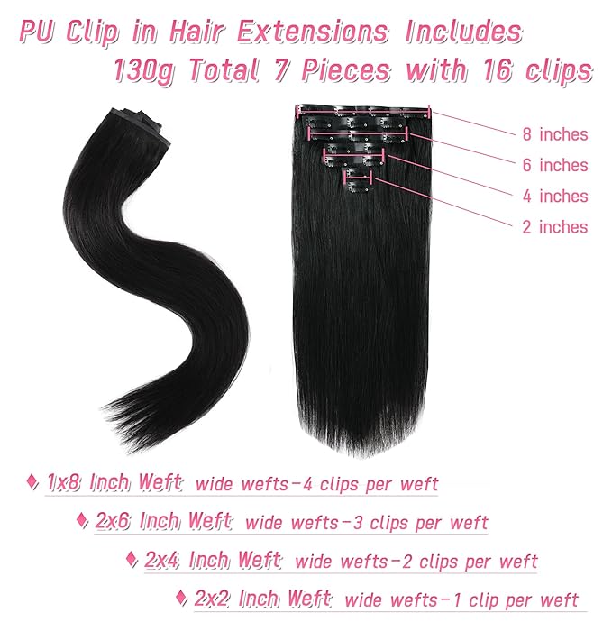 Essent Seamless Light Yaki Straight Clip in Hair Extensions Seamless Real Human Hair, 22 Inch 1Pack 130g 7Pcs Human Hair Extensions for Women Natural Black