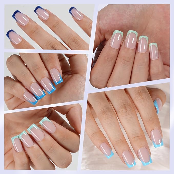 Misssix French Gel Nail Tips, 160Pcs Blue French Tip Press on Nails Short Square, No Need to File Tips Pre-lasting, Fake Nails for Nail Art DIY 16 Sizes