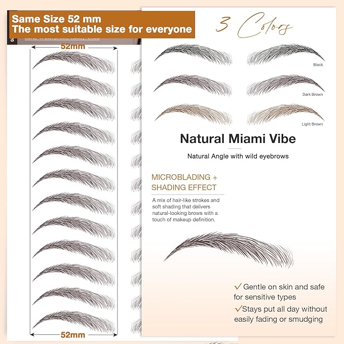 20 Sheets 240 Pairs Eyebrow Tattoo Sticker Waterproof 4D Hair-Like Natural Fake Tattoo Eyebrows Transfers Stickers Peel Off Brows Grooming Shaping Sticker in Natural Miami Vibe,Dark Brown