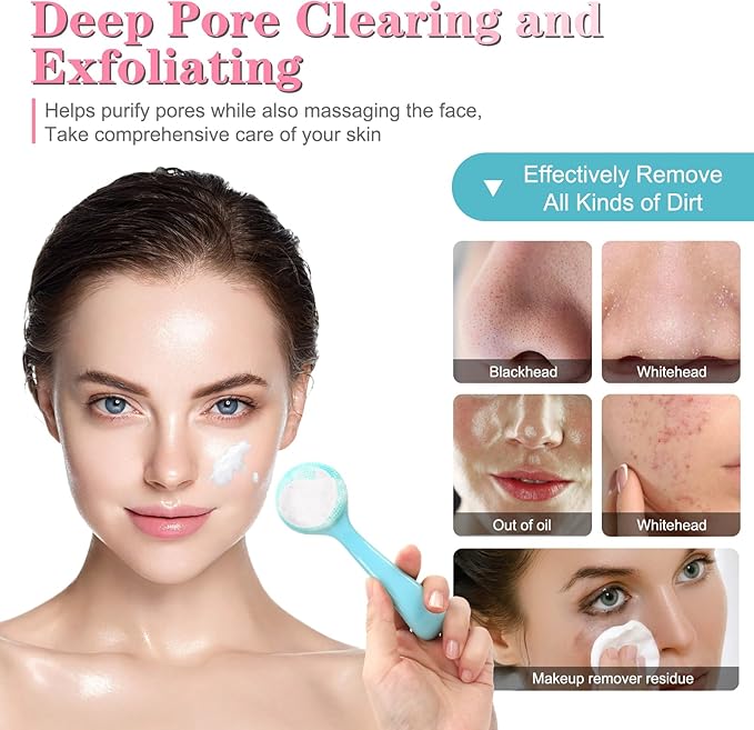 Silicone Manual Facial Cleansing Brush, NADUSEP 2 Pack Skin Friendly Soft Bristles Waterproof Face Scrubber Exfoliating Brush for Blackheads Whiteheads Makeup Residues Removal (Blue, Pink)