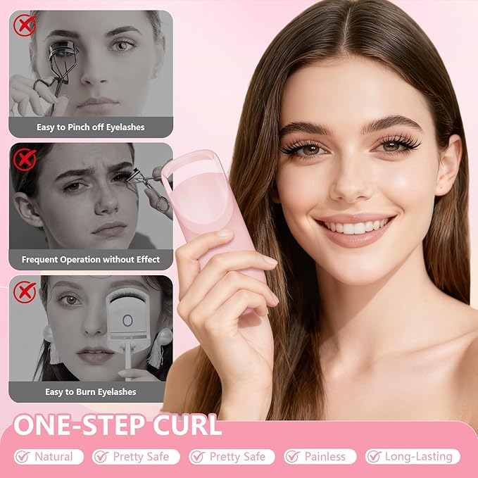 Heated Eyelash Curler, Electric Eyelash Curler with 2-Temp Modes & Type-C Charging, 8s Fast Heat 3s Style 24H Lift for Long-Lasting Natural Effortless Curls, Mini Heated Lash Curler for Women(Pink)