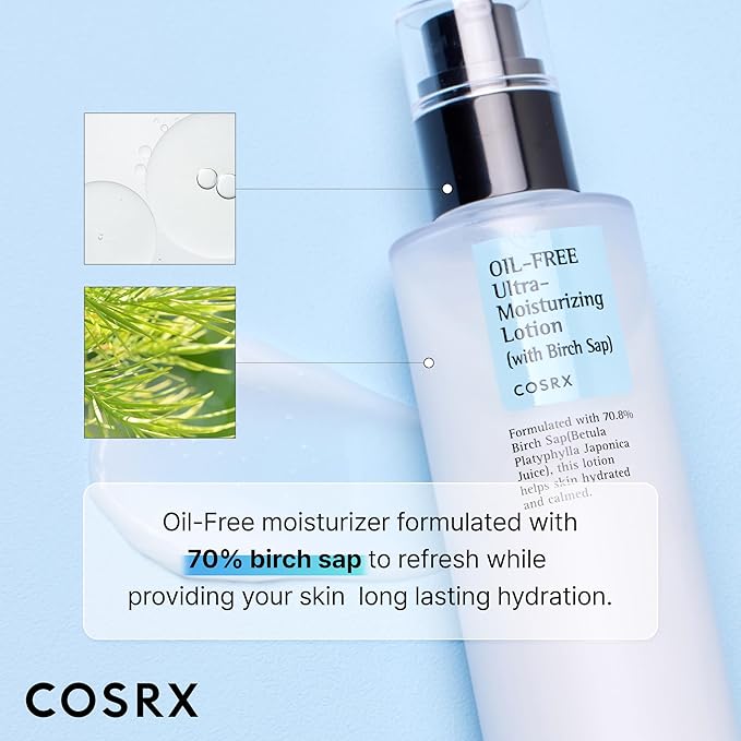 COSRX Oil Free Lotion with Birch Sap, Daily Acne Facial Moisturizer, Hydrating Moisturizer for All Skin Types, Korean Skin Care, Paraben free, Stocking Stuffers, Gifts For Women3.38 fl.oz / 100ml