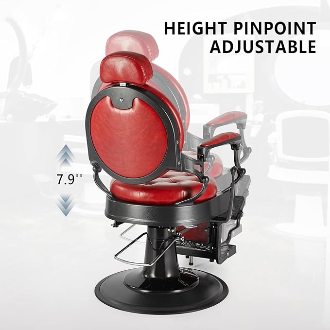 OmySalon Vintage Barber Chair Red All Purpose Heavy Duty, Hydraulic Recline Salon Beauty Styling Chair Retro Red, 360 Degree Swivel for Hair Stylist Tattoo, Round Base, Tufted Button
