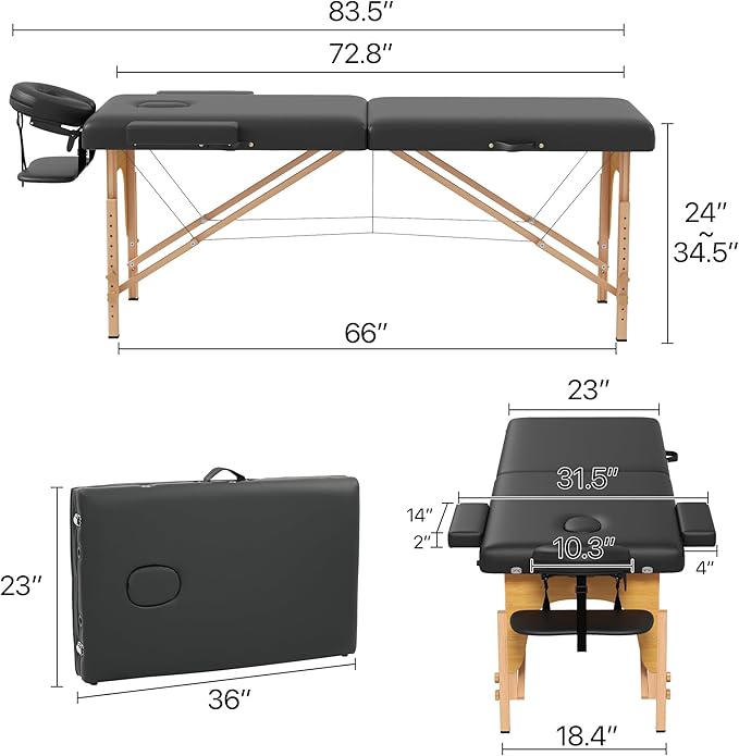 Massage Table, Portable 2 Section Foldable Tattoo Bed, Height Adjustable Lash Spa Bed with Face Cradle, Home Light Weight Facial Salon Bed with Wood Frame, Black