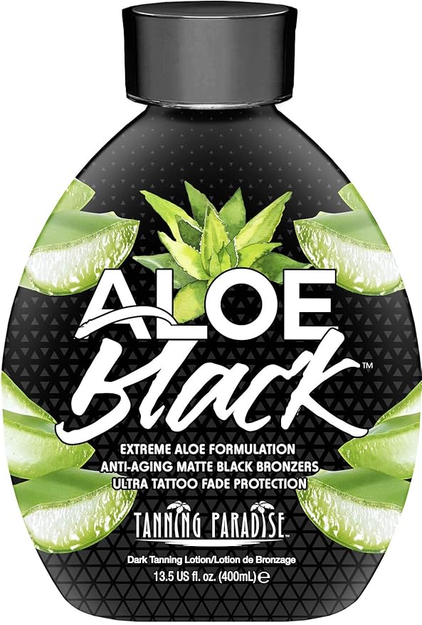 Tanning Paradise Aloe Black Tanning Lotion | Anti-Aging, Anti-Orange, Anti-Wrinkle Matte Black Bronzer Tanning Lotion | Tattoo & Color Fade Protection | Aloe Vera Cashmere Blend Tanning Lotion 13.5 oz