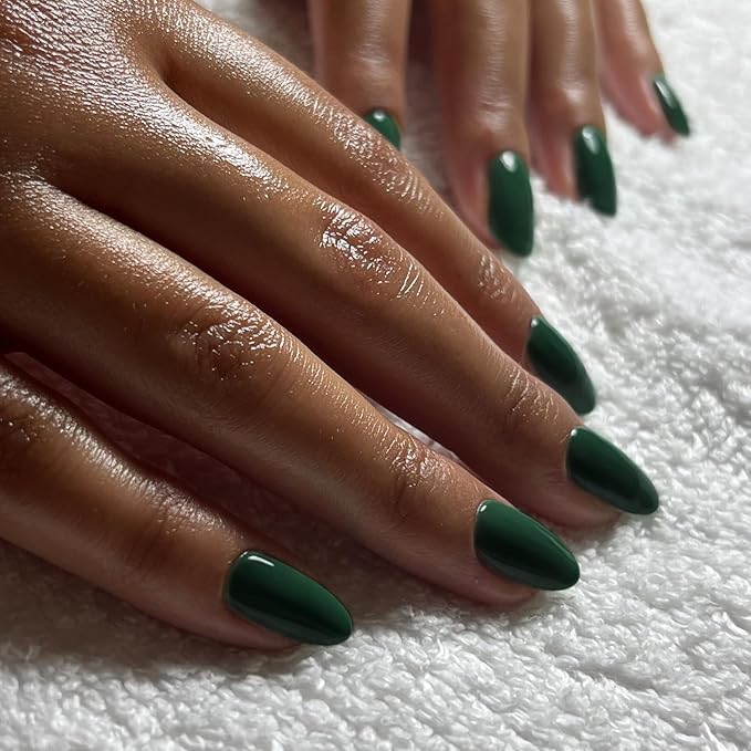 Dark Green Press on Nails Short Almond Shape, Thick Solid Color Glue on False Nails, Medium Oval Round Shaped for Women, 24Pcs Natural Acrylic Gel