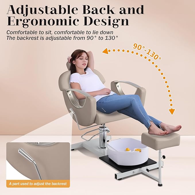 Pedicure Station No Plumbing, Hydraulic Pedicure Chair for Nail Tech, Height Adjustable Reclining Pedicure Station Unit, 360 Degree Swivel Foot Spa Chair with Massage Foot Bath (Grey-Sliver)