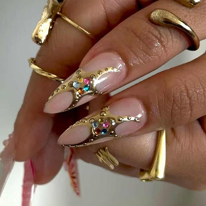 3D Flower Press on Nails Medium Almond Fake Nails Golden Starfish with Colorful Rhinestones Design Handmade Nails Pink Grapefruit False Nail Gradient Artificial Glue on Nail for Women 24Pcs