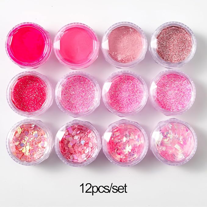 Pink Nail Glitter Powder, 12pcs Nail Art Sequins Dust Set, Holographic Paillette Sparkle Flakes for Acrylic Tips Manicure Decorations