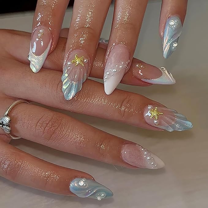 24Pcs Medium Almond Press on Nails Blue French Tip Fake Nails 3D Gold Starfish Shell Press ons with Pearl Glossy Glue on Nails Summer Beach False Nails Cute Stick on Nails for Women Girl Acrylic Nails