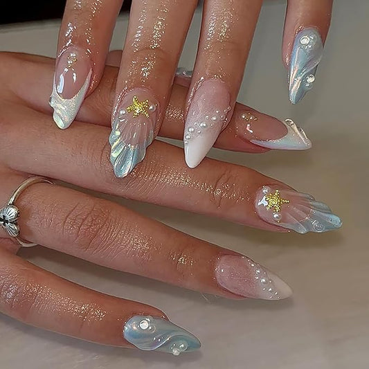 24Pcs Medium Almond Press on Nails Blue French Tip Fake Nails 3D Gold Starfish Shell Press ons with Pearl Glossy Glue on Nails Summer Beach False Nails Cute Stick on Nails for Women Girl Acrylic Nails