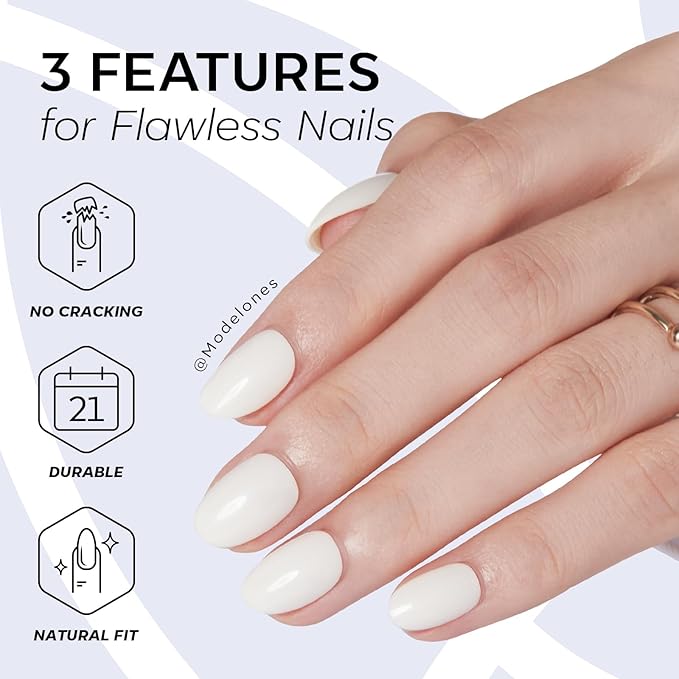 modelones Short Press on Nails, Oval Fake Nails Kit Press Ons with Nail Glue, Adhesive Tabs, Nail File, Prep Pad, Manicure Stick, 32Pcs 16 Sizes, Milky White, Christmas