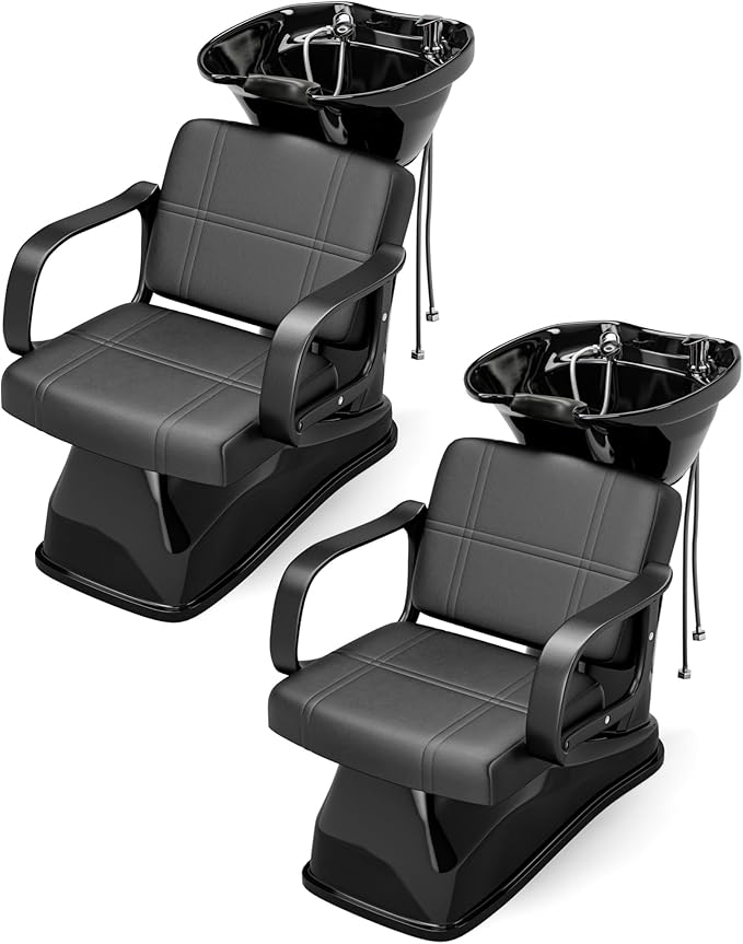 SyyBhb Shampoo Chair and Bowl Set of 2 for Salon, Backwash Station Sink with Tilting ABS Bowl, Barbershop Equipment