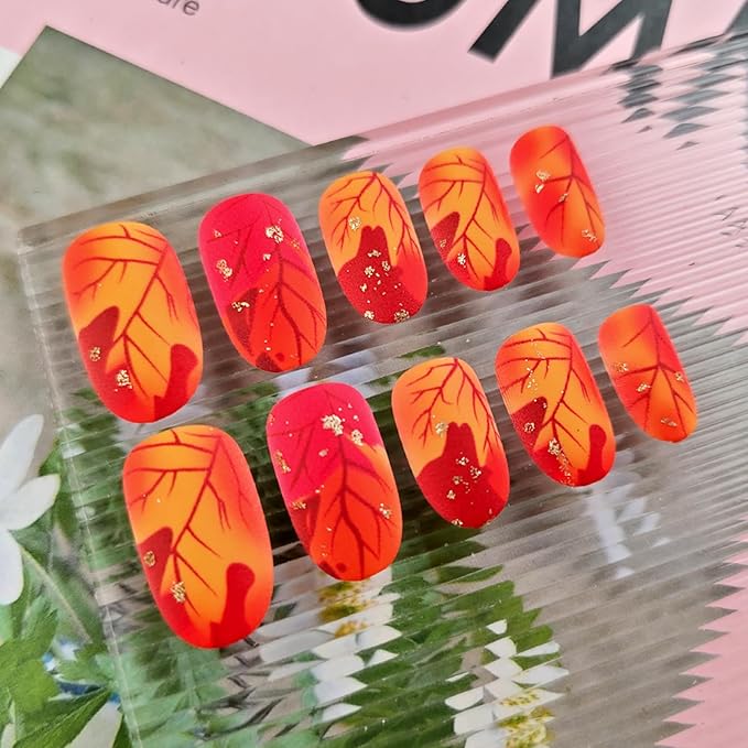 Fall Press on Nails Short Oval Fake Nails Red Yellow Gradient Maple Leaf False Nails Thanksgiving Glue on Nails Gold Glitter Acrylic Nail Press ons Autumn Manicure Kit for Coquette Women 24Pcs