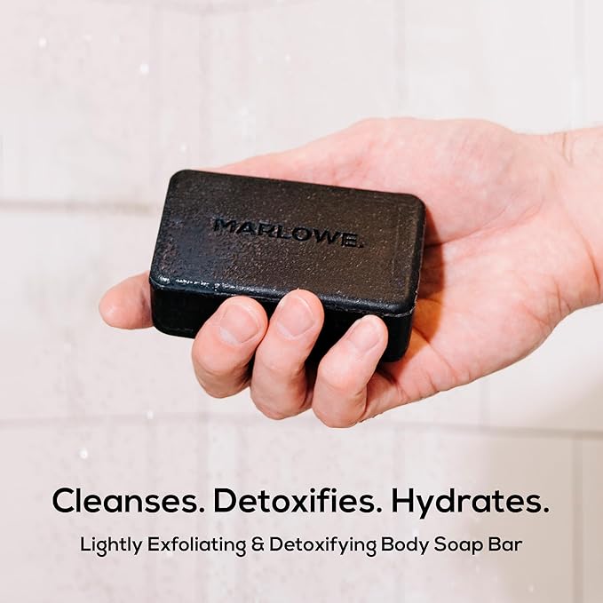 MARLOWE. No. 106 Charcoal Soap 7 oz (3 Bars) Body Bar Soap for Men, Cleansing, Purifying & Hydrating with Natural Extracts, Shea Butter, Olive Oil & Green Tea Extracts, Fresh Woodsy Scent