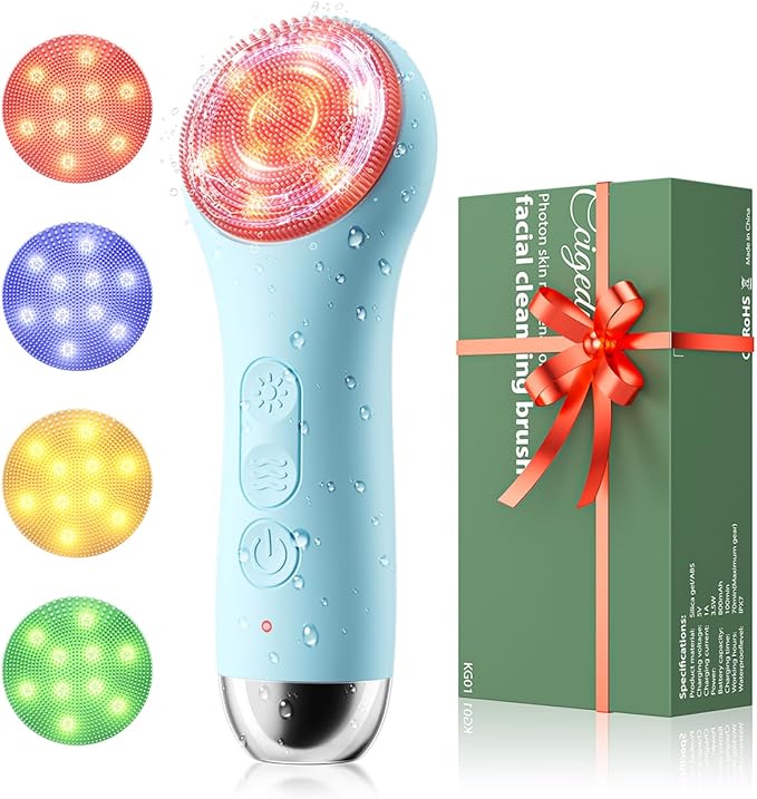 Facial Cleansing Brush: Rechargeable LED Electric Face Cleansing Brush with 4 Gentle Light Liquid Silicone Modes Face Scrubber Exfoliator,IPX7 Waterproof Ideal Gift for Men and Women-Blue