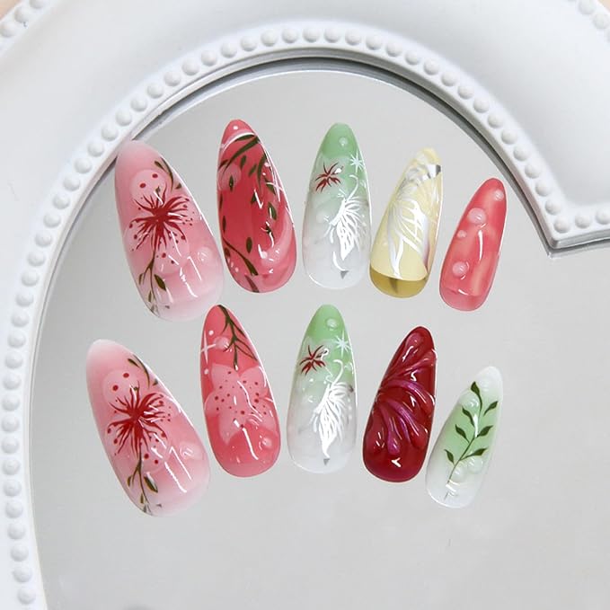 24pcs Colorful Flowers Press on Nails Medium Almond Fake Nails Art Summer False Nails with Flower Butterfly Design Almond Nails Glossy Full Cover Acrylic Artificial Nail Fingernails for Women
