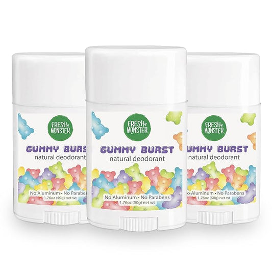 Fresh Monster Natural Deodorant for Kids and Teens I Aluminum-Free, Paraben-Free and Hypoallergenic I Dermatologist Tested I 24-Hour Protection I Gummy Burst I 1.76 oz I 3 Pack