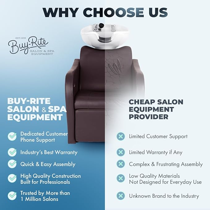 Buy-Rite Lexus Backwash Unit with Tilting White Porcelain Shampoo Bowl, Extra Wide Foam Padded Seat, Kick-Out Leg Rest & Single Handle Faucet - Salon Shampoo Chair, TS-8018B-ESP-WHITEBOWL