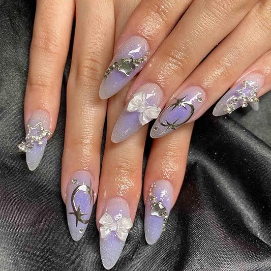 Hkanlre Long Almond Press on Nails Bow Fake Nails Tips Full Cover False Gradient Nails for Women and Girls 24PCS