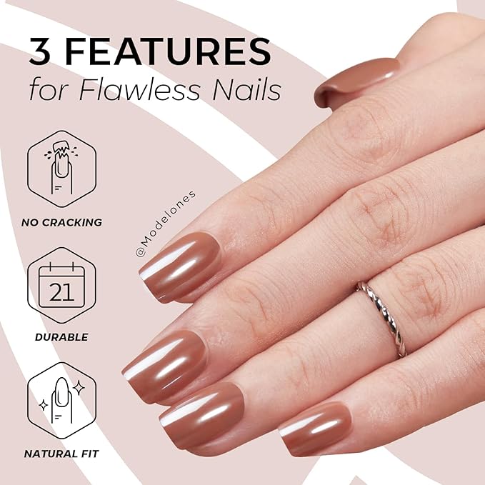 Modelones Brown Press on Nails, Christmas Short Square Fake Nails, Chrome Reusable Nail Kit with Nail Glue Adhesive Tabs Mini Nail File, Nails Press Ons 32Pcs 16Sizes