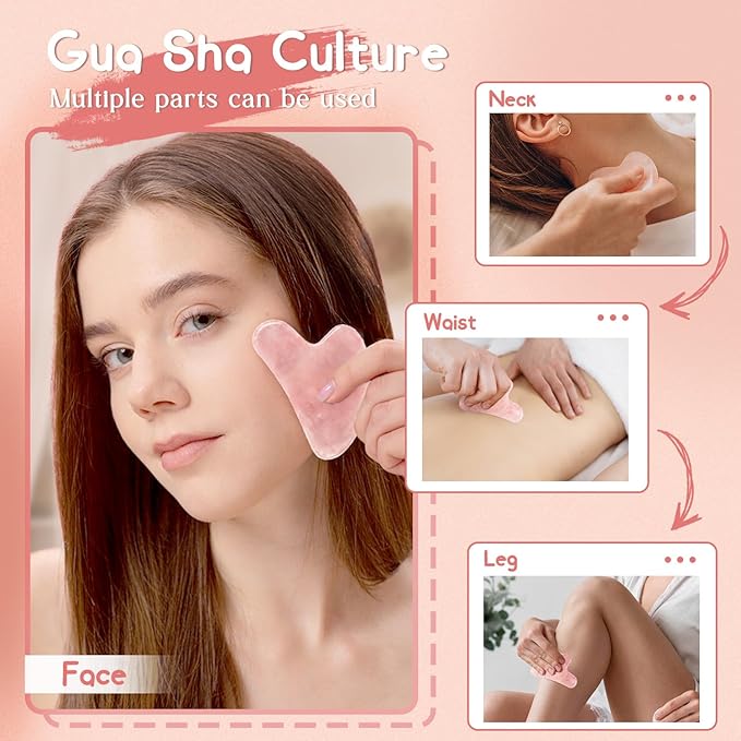 Gua Sha Rose Quartz Massage Tool, Facial Tool for Scraping and SPA Acupuncture Therapy, Heart Shape Trigger Point Treatment on Face (Rose Quartz)