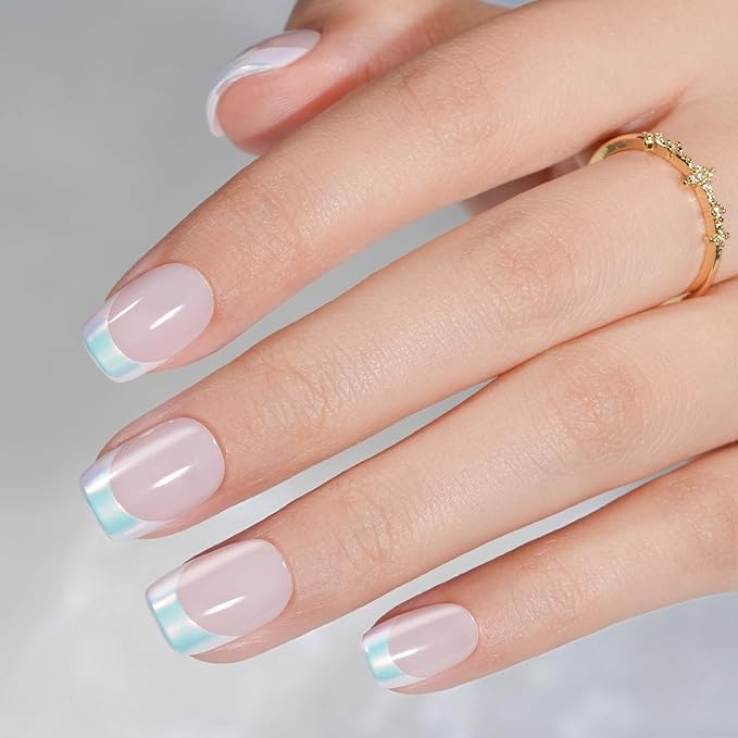 French Tip Press on Nails Short, Jofay Fashion Soft Gel Fake Nails, Classic Aurora French Nails, Reusable & Natural Acrylic False Nails, Stick on Nails for Women Girls Gift, Glue on Nails Kit 32 Pcs