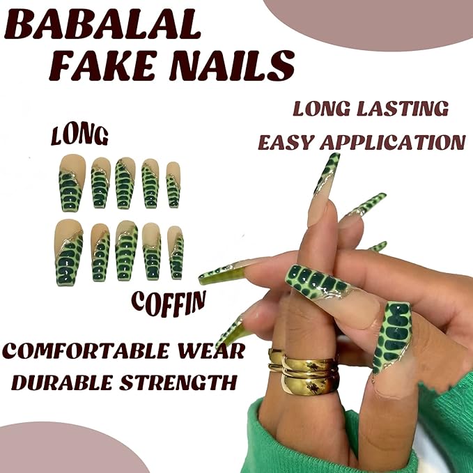BABALAL Long Coffin Press-On Nails - Green French Tip Acrylic With Crocodile Pattern - 24Pcs Ballerina False Nails for Women and Girls