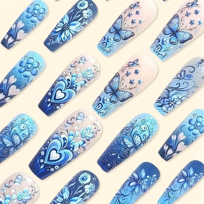 Coffin Shape Press on Nails Long Fake Nails Blue False Nails with Butterfly and Flower Design for Women and Girls 24pcs
