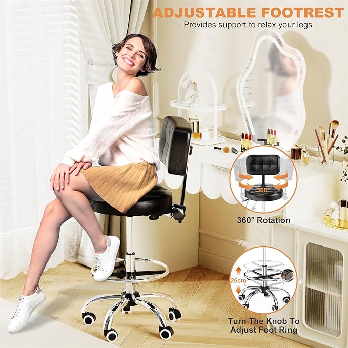 YJHome Rolling Stool, Rolling Stools with Wheels Foot Rest, Backrest Adjustable Height, Heavy Duty 400lbs Weight Capacity, Salon Spa Tattoo Massage Office Swivel Stool Chair (Black)