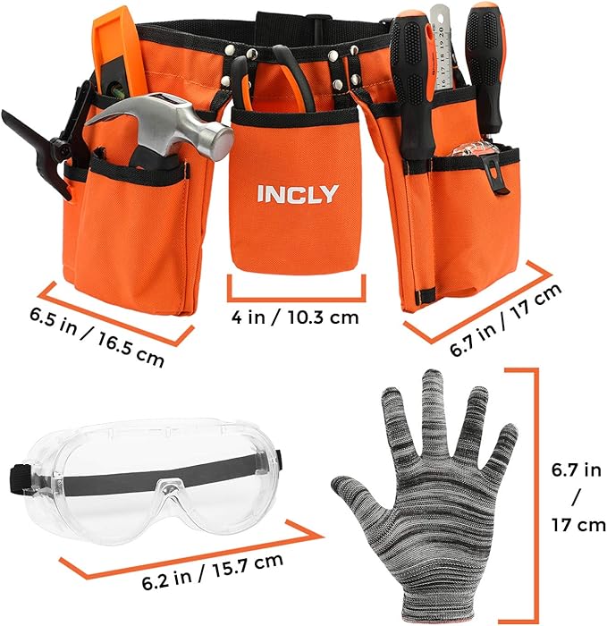 INCLY 18PCS Real Tool Set with Reinforced Belt, Adjustable Waist 20"-32", Real Hand Tools Kit Construction Learning Tools Hammer Screwdriver for Home DIY Building & Woodworking