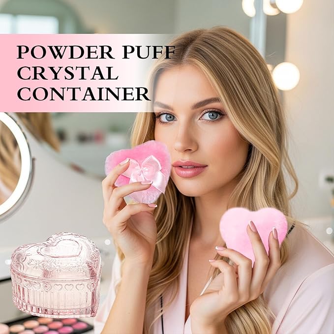 2 Pieces Large Body Powder Puff and Container Powder Container with Puff, Dusting Powder Puff Crystal Case, Body Powder for Women Soft Washable Reusable Velour Face Body Glitter Wet Dry Makeup(Love)