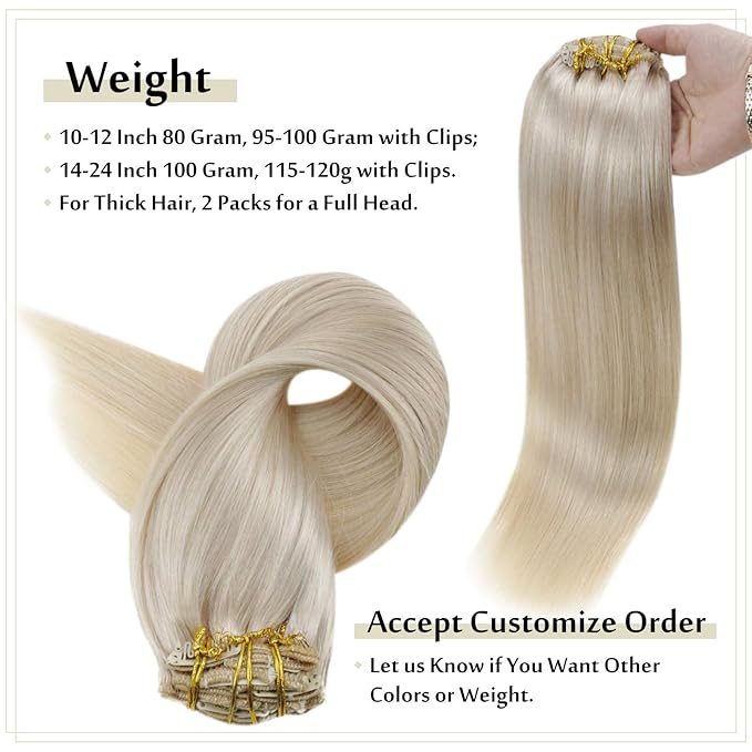 Full Shine Platinum Blonde Hair Extensions Clip ins 16 Inch Blonde Clip in Extensions Real Human Hair Triple Weft Seamless Hair Extensions for Women 7 Pcs 120 Grams