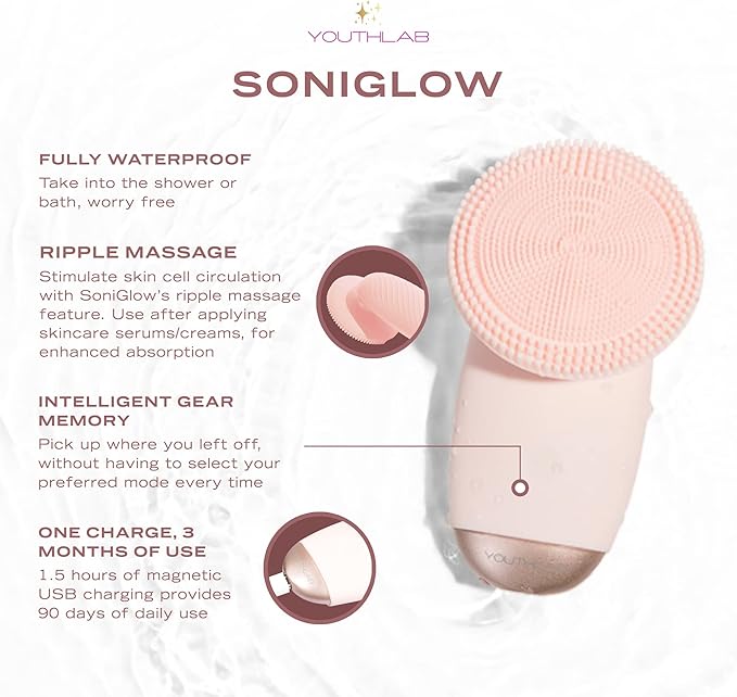 SoniGlow Silicone Facial Cleansing Brush – Electric Vibrating Skincare Scrubber Tool for Deep Pore Cleansing, Gentle Massage, Makeup Removal, Waterproof and Rechargeable (Pink)