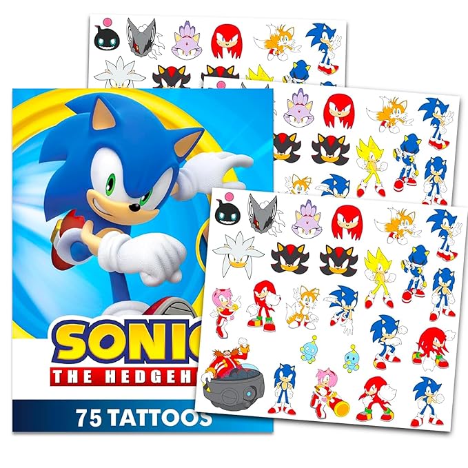 Sonic Temporary Tattoos for Kids and Adults - 75 Sonic the Hedgehog Tattoos For Party Favors Goodie Bags and More (Sonic Party Supplies Bundle)