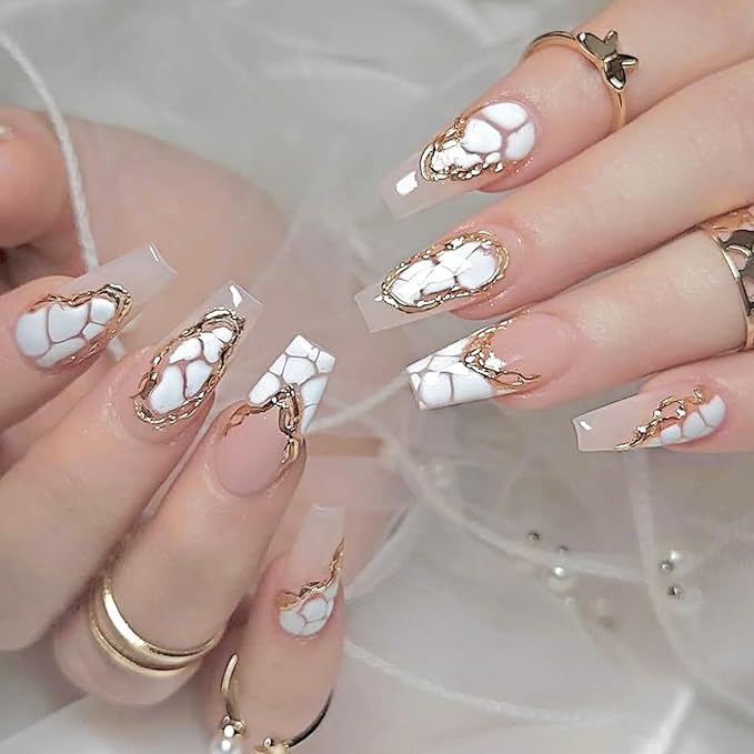 Coffin Press on Nails Medium Transparent Fake Nails French Tip Stick on Nails Glossy Acrylic Manicure 24Pcs Women Nail Press ons with White Irregular Shape Designs Gold Lines Glue on Nails Light Pink