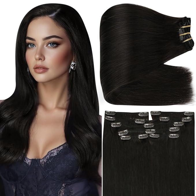 Full Shine Clip in Hair Extensions Real Human Hair Black Women 150 G Long Black Clip in Extensions for Cheer for Styling 20 Inch 7 Pcs