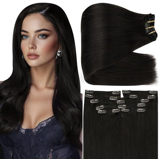 Full Shine Clip in Hair Extensions Real Human Hair Black Women 150 G Long Black Clip in Extensions for Cheer for Styling 20 Inch 7 Pcs