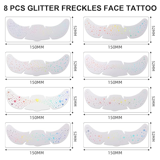 8PCS Glitter Freckles, Glitter Freckles Face Tattoo, Sparkle Freckles for Women and Kids, Cute Star Waterproof Gold Temporary Face Tattoos Glitter Glow Up Patches (8PCSA Holographic Multicolor)