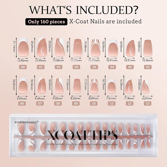 BTArtbox French Tip Press on Nails - 5 Styles XCOATTIPS Short Coffin Nails, Pre-Designed Swirl Soft Gel Nail Tips, Ultra Fit False Nails, Soak Off Acrylic Fake Nails Extensions for Nail Art