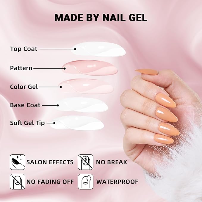Press on Nails Almond,Nude Brown Medium Stiletto Glossy Handmade Gel False Nails,Reusable Salon Perfect Fake Nail Kit in 12 Sizes - 24 Pcs Soft Gel Glue On Nails Kit for Women Gift