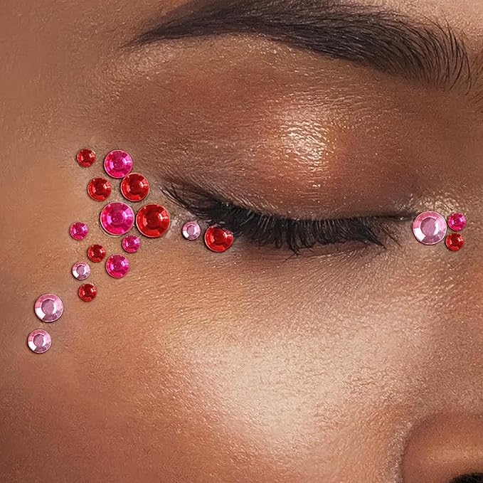 975Pcs Face Gems Hair Gems, Self-Adhesive Face Jewels Eye Jewels Rhinestones 3/4/5/6 mm DIY Face Gems Stick on, Hair Body Rhinestones Gems Crystals Pearls for Face Makeup, Crafts (gem_red+Pink+Rose)