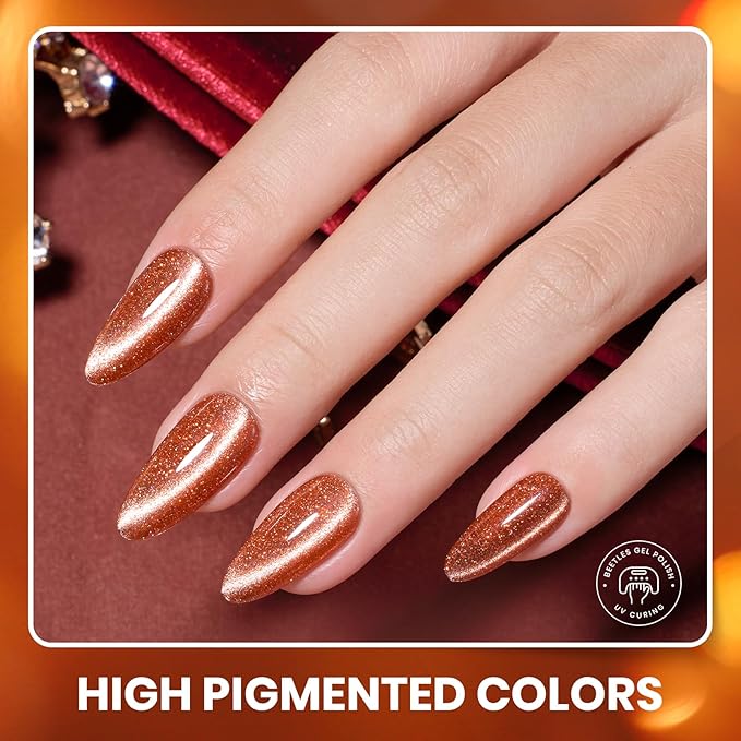 Beetles Fall Gel Nail Polish Set – Opulent Glow Cat Eye Gel Polish, 20 Colors Red Orange Yellow Glitter Brown, Soak Off UV LED with Base Glossy Matte Top Coat for DIY Manicure Gift for Women