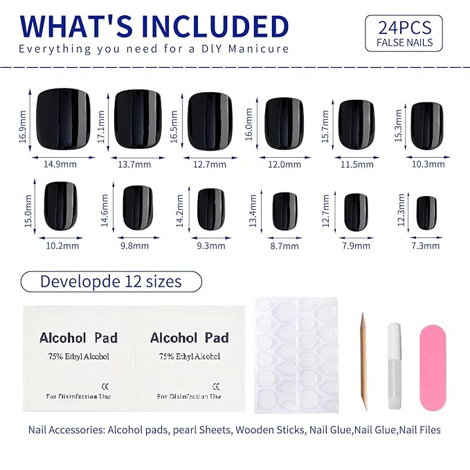 Black Press on Nails Short Square, Classic Black Fake Nails, Glossy Gel Finish Acrylic Nails, fall Thick Reusable Glue on Nails Kit for Women, 24Pcs