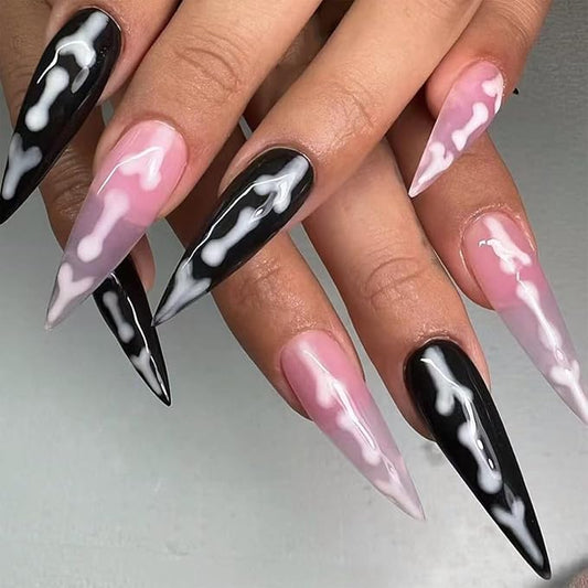 IMRAIN Press On Stiletto Fake Pink Black Glossy Glue on Nails - Full Cover Artificial False Nails with Skull Designs Halloween 24 Pcs Stick Ons