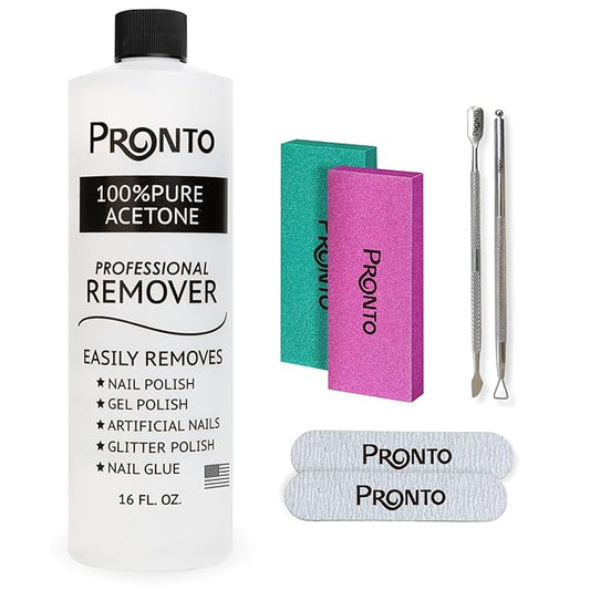 Pronto Pure Acetone 16 oz Nail Polish Remover Gel NailKit, Acrylic Nail Kit Including Cuticle pusher, Nail File, Nail Buffer, and Nail scraper- Ideal For Gel Nail Polish & Dip Powder Removal