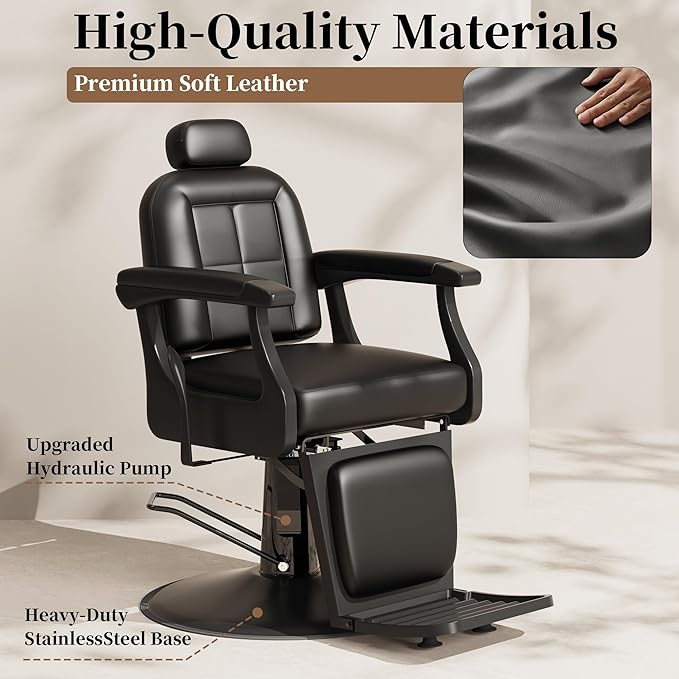 Baasha Black Heavy-Duty Barber Chair, Reclining Professional Salon Chair with Adjustable Headrest & Comfort Padding, 550 lbs Capacity