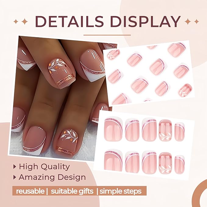 24Pcs Short Press on Nails French Tip Square Fake Nails with Rose Gold Glitter French White Leaf Design Pink Acrylic Nails Cute False Nails Artificial Nails Reusable Stick on Nails for Coquette Women