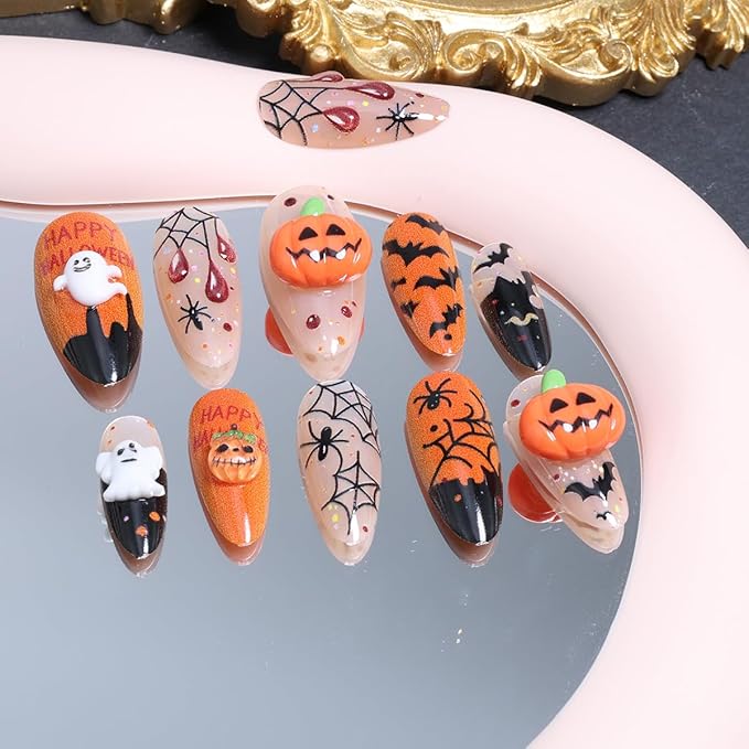 24Pcs Cute Halloween Press on Nails Medium Almond Pumpkin Fake Nails Black Spider Web with Ghost Designs Orange Nails Full Cover Glue on Nail Goth False Nails for Women Holiday Manicure Salons DIY